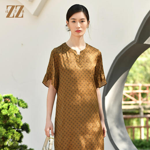佐尔美夏季新款 国风气质桑蚕丝真丝花苞袖中袖连衣裙女E32LS28 商品图0