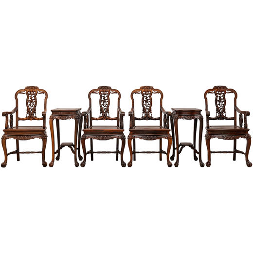 民国 红木镶瘿木雕花卉纹扶手椅成堂（四椅两几） 商品图5