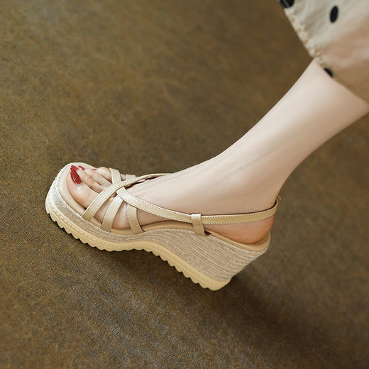 时尚波西米亚风，草编坡跟麻底内外头层真皮高跟凉鞋YDE-D191 商品图1