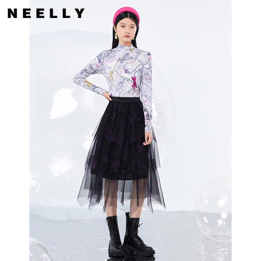 NEELLY纳俪撞色图案印花不规则纱裙女a字半身裙网纱百褶蛋糕裙N21091E01202 商品图1