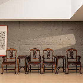 民国 红木镶瘿木雕花卉纹扶手椅成堂（四椅两几）