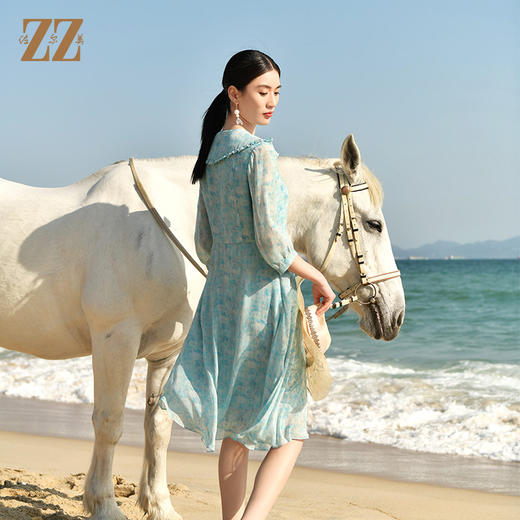 佐尔美夏季新款优雅气质乔其印花7分袖荷叶领碎花连衣裙女E32LS48 商品图4