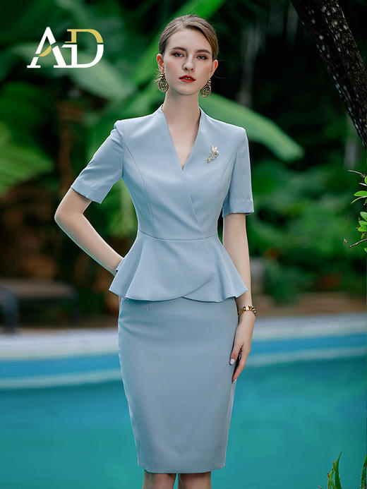 AD高端酒店前台接待工作服女夏季浅色职业装套裙V领西服两件套装 商品图1
