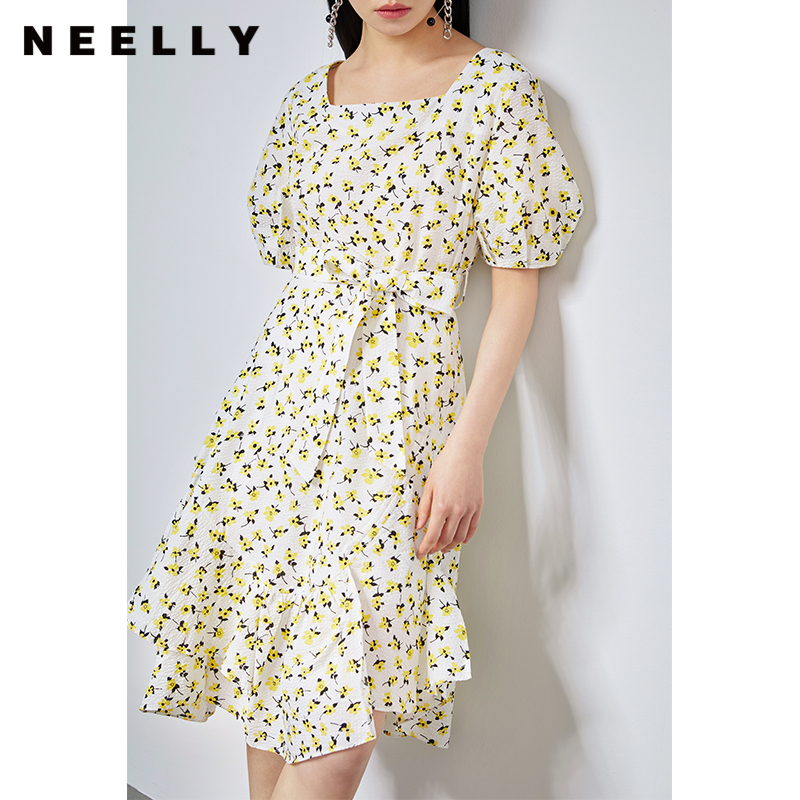 NEELLY纳俪小清新气质方领连衣裙女碎花收腰系带不规则A字裙夏季N22044Y04413