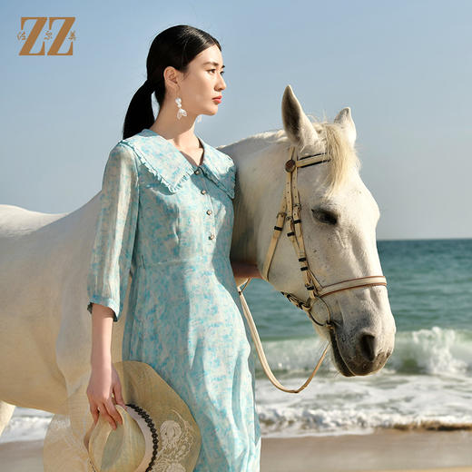 佐尔美夏季新款优雅气质乔其印花7分袖荷叶领碎花连衣裙女E32LS48 商品图1