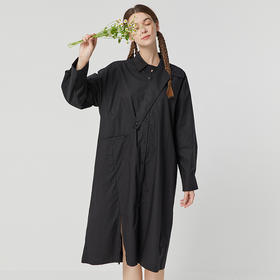 Famecoco范可儿不对称小黑裙长袖夏宽松纯棉衬衫裙设计感小众F223BA015