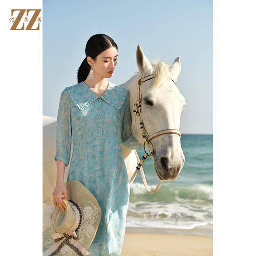 佐尔美夏季新款优雅气质乔其印花7分袖荷叶领碎花连衣裙女E32LS48 商品图2