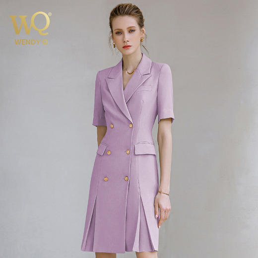 夏季新款高档时尚职业装紫色连衣裙女短袖双排扣西装裙气质女神范 商品图3
