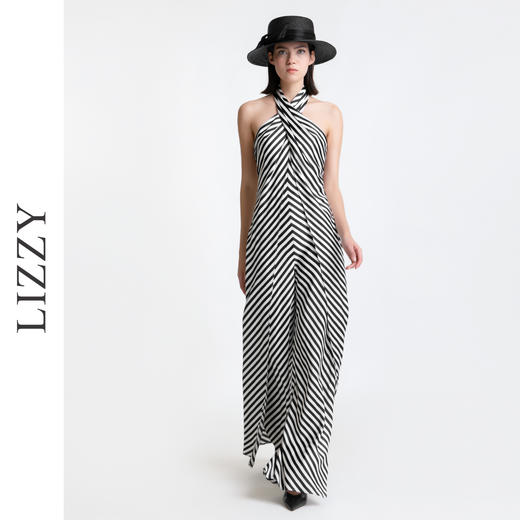 LIZZY 时尚摩登帅气露肩条纹无袖挂脖露肩阔腿连体裤长裤6860 商品图1
