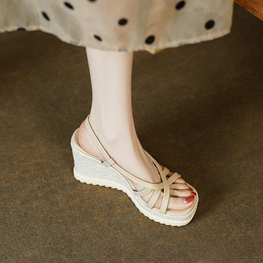 时尚波西米亚风，草编坡跟麻底内外头层真皮高跟凉鞋YDE-D191 商品图2