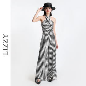 LIZZY 时尚摩登帅气露肩条纹无袖挂脖露肩阔腿连体裤长裤6860