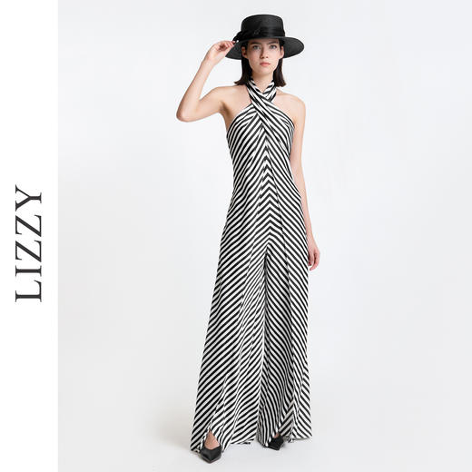 LIZZY 时尚摩登帅气露肩条纹无袖挂脖露肩阔腿连体裤长裤6860 商品图0