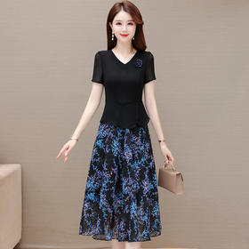 时尚中长款短袖T恤，拼结印花假两件连衣裙QYM-H1167