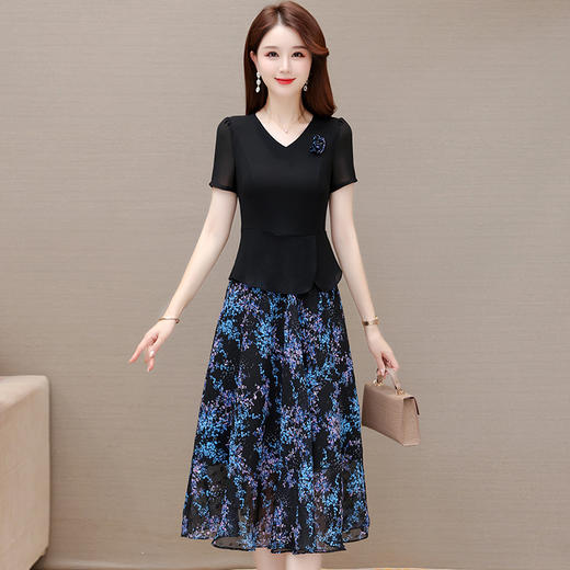 时尚中长款短袖T恤，拼结印花假两件连衣裙QYM-H1167 商品图0