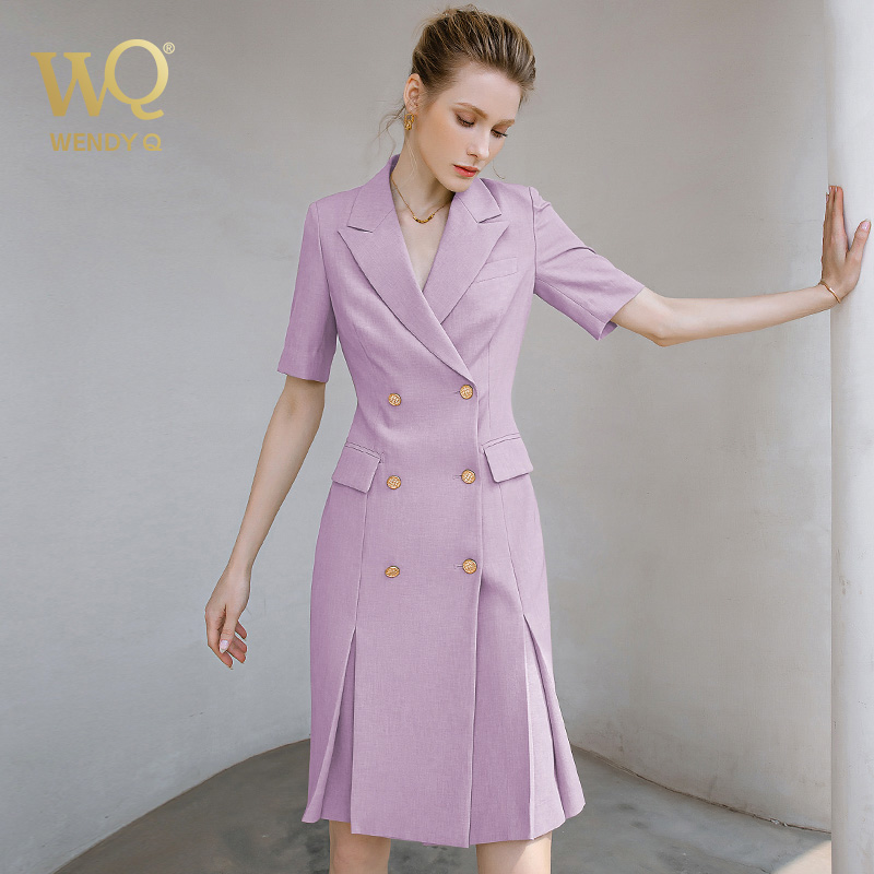 夏季新款高档时尚职业装紫色连衣裙女短袖双排扣西装裙气质女神范