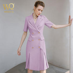 夏季新款高档时尚职业装紫色连衣裙女短袖双排扣西装裙气质女神范