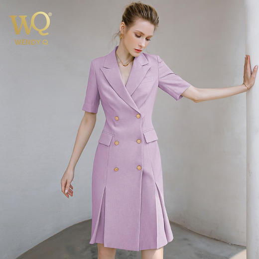 夏季新款高档时尚职业装紫色连衣裙女短袖双排扣西装裙气质女神范 商品图0