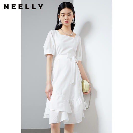 NEELLY纳俪小清新气质方领连衣裙女碎花收腰系带不规则A字裙夏季N22044Y04413 商品图2