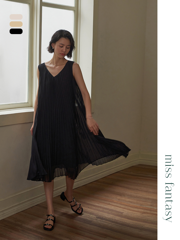 褶皱系列 V领压褶连衣裙（三色）FD4297235