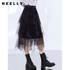 NEELLY纳俪撞色图案印花不规则纱裙女a字半身裙网纱百褶蛋糕裙N21091E01202