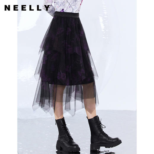 NEELLY纳俪撞色图案印花不规则纱裙女a字半身裙网纱百褶蛋糕裙N21091E01202 商品图0