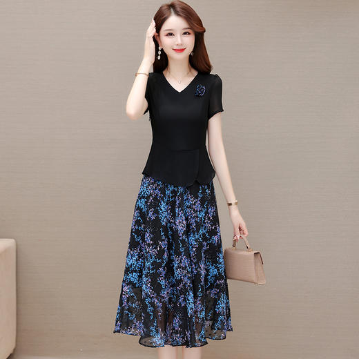 时尚中长款短袖T恤，拼结印花假两件连衣裙QYM-H1167 商品图4