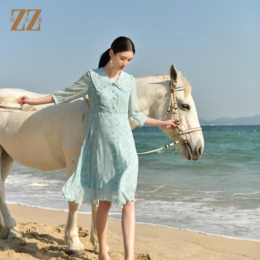 佐尔美夏季新款优雅气质乔其印花7分袖荷叶领碎花连衣裙女E32LS48 商品图3