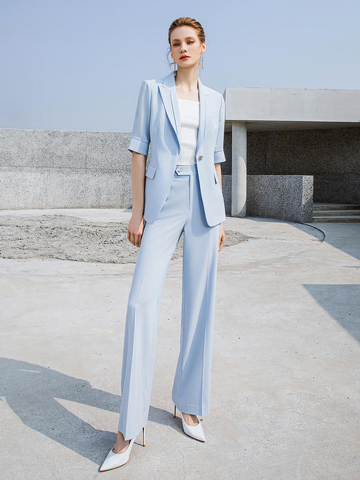 高端时尚淡蓝色西装微喇裤套装女夏气质短袖西服职业装正装外套 商品图1