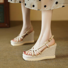 时尚波西米亚风，草编坡跟麻底内外头层真皮高跟凉鞋YDE-D191