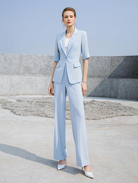 高端时尚淡蓝色西装微喇裤套装女夏气质短袖西服职业装正装外套