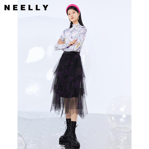 NEELLY纳俪撞色图案印花不规则纱裙女a字半身裙网纱百褶蛋糕裙N21091E01202 商品图2