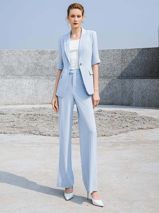 高端时尚淡蓝色西装微喇裤套装女夏气质短袖西服职业装正装外套 商品图2