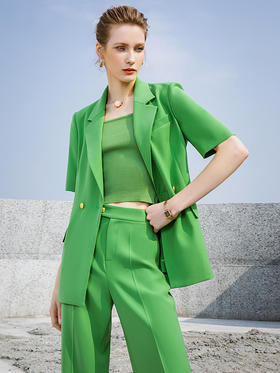 夏季新款高端绿色短袖西装套装女套裤时尚洋气西服休闲外套气质