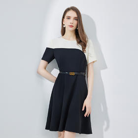 NF8G7斯尔丽瑟俪2023新款不对称线条撞色简洁时尚收腰A摆减龄连衣裙