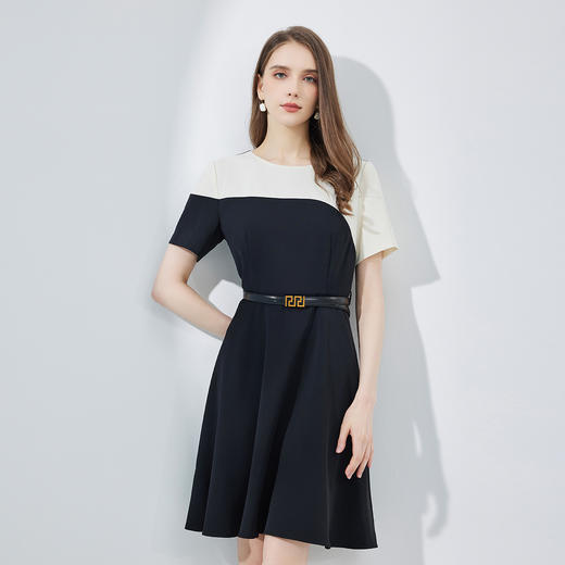 NF8G7斯尔丽瑟俪2023新款不对称线条撞色简洁时尚收腰A摆减龄连衣裙 商品图0