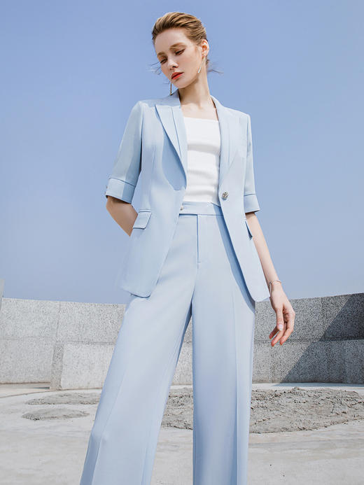 高端时尚淡蓝色西装微喇裤套装女夏气质短袖西服职业装正装外套 商品图3