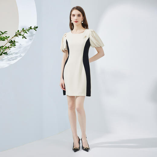 NF8G8斯尔丽瑟俪2023夏季新款腰部撞色超级显瘦修身泡袖连衣裙 商品图3