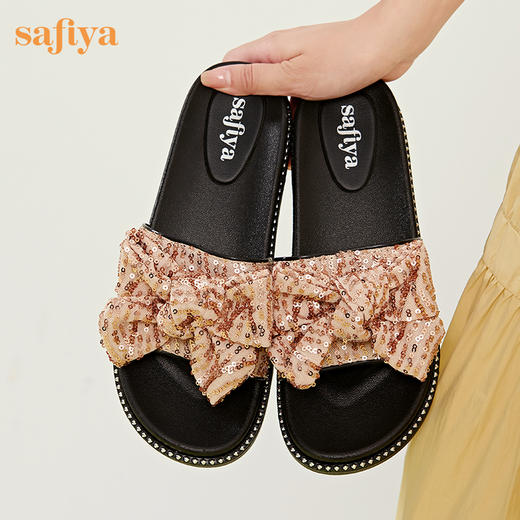 Safiya/索菲娅2023夏新品闲适假日亮片蝴蝶结休闲外穿平底凉拖金色SF32110406 商品图2