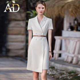 上镜主持人正装连衣裙女高级感不规则西装裙夏季主播浅色职业装送腰带