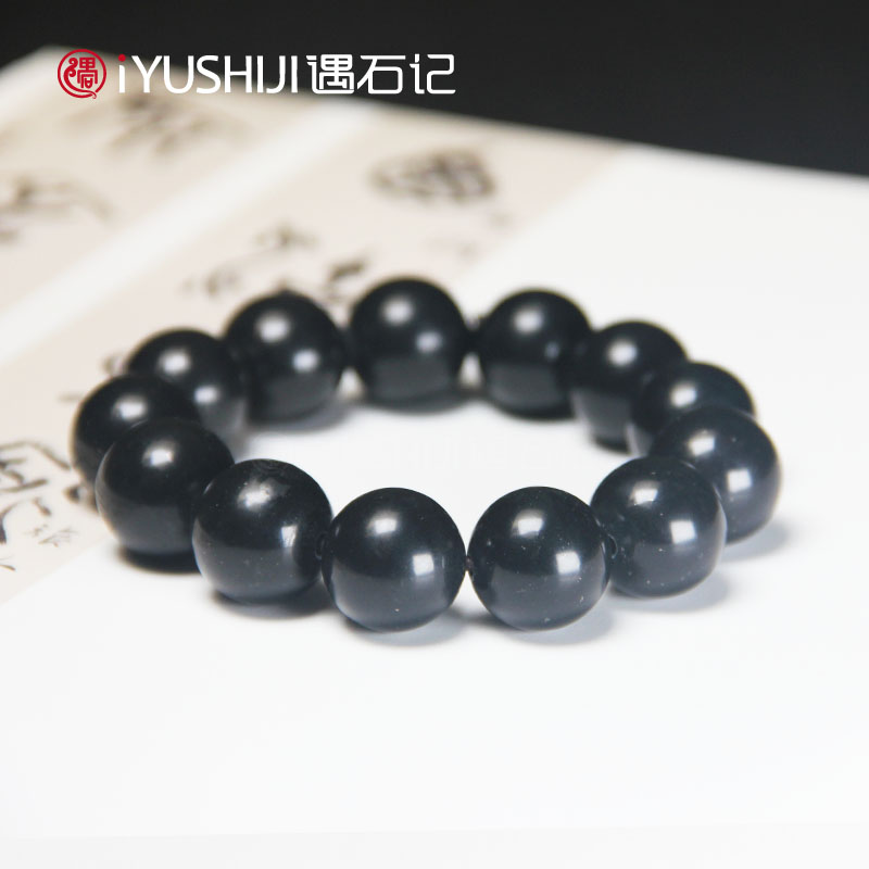 遇石记天然泰山墨玉圆珠手串16mm男款
