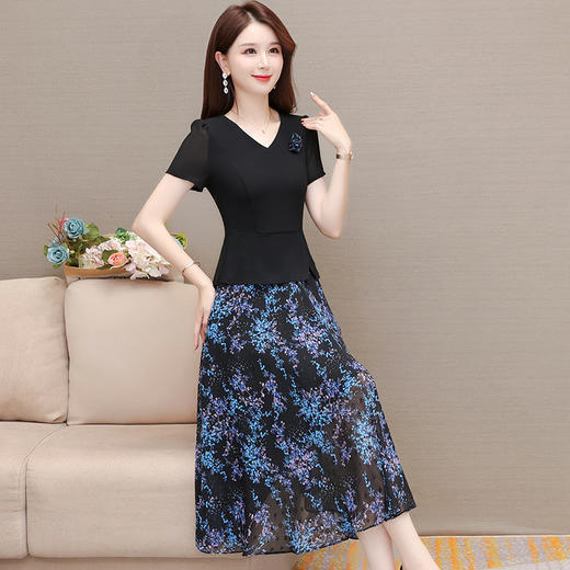 时尚中长款短袖T恤，拼结印花假两件连衣裙QYM-H1167 商品图1