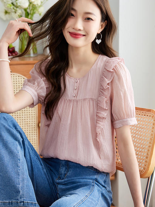 【专属特价】熙世界皱褶天丝衬衫女短袖2025夏季新款双层荷叶边小个子法式上衣 商品图0