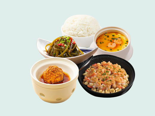 堂烹凤尾虾+狮子头+凉拌海带丝+虾仁蒸蛋+米饭 商品图0