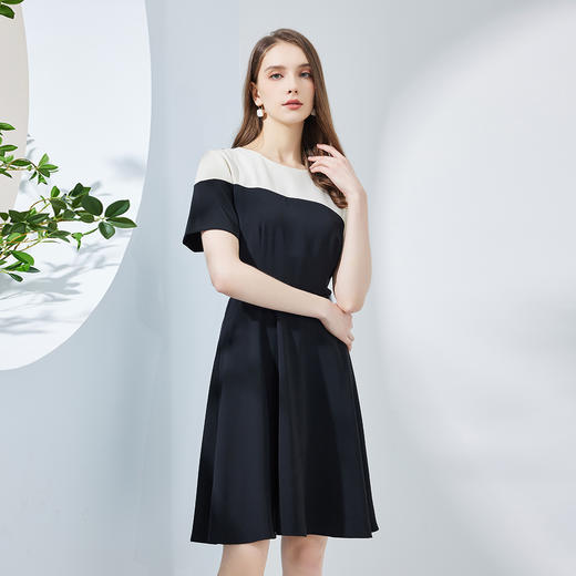 NF8G7斯尔丽瑟俪2023新款不对称线条撞色简洁时尚收腰A摆减龄连衣裙 商品图2