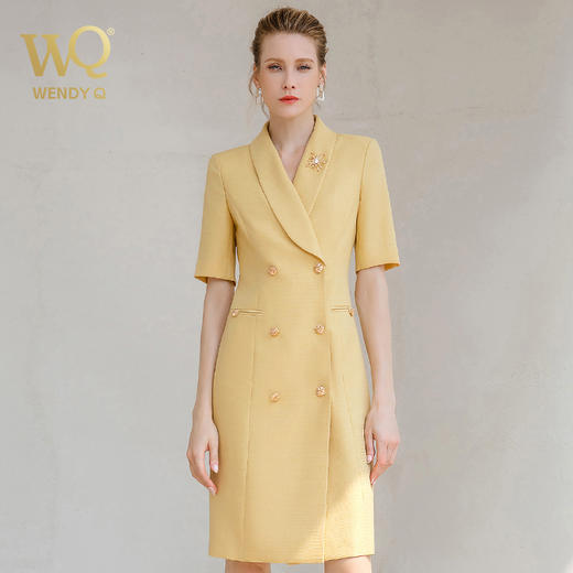 夏季新款高端黄色连衣裙女短袖职业装洋气西装裙主持人工作服套裙 商品图1