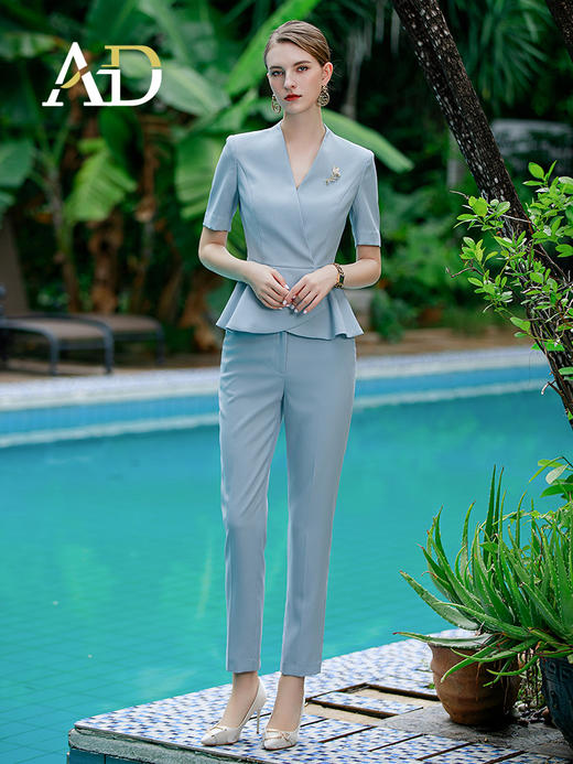 AD高端酒店前台接待工作服女夏季浅色职业装套裙V领西服两件套装 商品图4