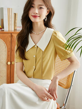 【专属特价】熙世界法式撞色娃娃领衬衫女夏季2025年新款文艺风别致泡泡袖上衣