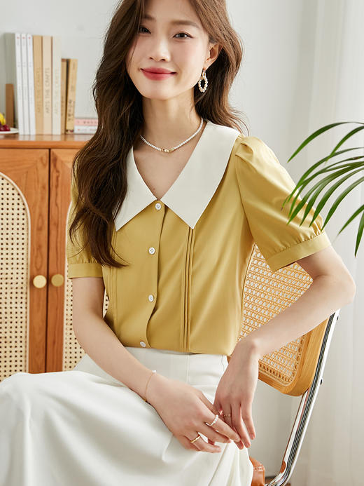 【专属特价】熙世界法式撞色娃娃领衬衫女夏季2025年新款文艺风别致泡泡袖上衣 商品图0