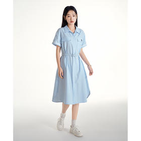 初语蓝白条纹小清新气质连衣裙女2023夏季新款收腰显瘦衬衫裙中长