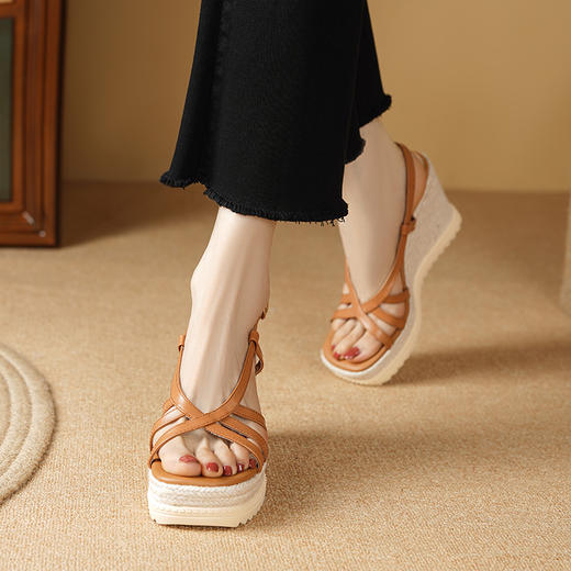 时尚波西米亚风，草编坡跟麻底内外头层真皮高跟凉鞋YDE-D191 商品图6